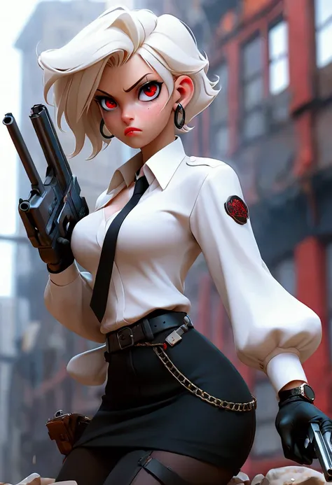 1 girl, close up photography, (by white, medium hair, big breasts, Red eyes), perfect anatomy, city, cyberpunk style, ((White shirt, black jacket, black skirt, belly button, belt, black gloves, tie, wristwatch, earrings, see through black leggings)), ((hol...