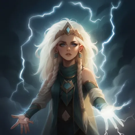 blond woman with lightning in the background,  with magical powers, lightning fantasy magic, she is attracting lightnings, maya ali as a lightning mage, splashes of lightning behind her, portrait of magical young girl, magic and lightning, goddess of light...