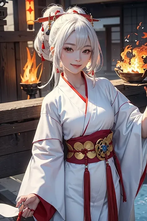 A beautiful woman in a white kimono, smiling fearlessly, as a Japanese onmyoji holds a talisman and manipulates fire