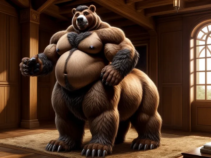 furry, fur taur, huge bear, beartaur, middle-age, solo,1man, detailed face, bear ears, bear eyes(green), bear nose(black), bear mouth, garibaldi beard(grey), hair, mature hair(grey), detailed arm, thick arm, forearm hair, muscular, thick hands(5 fingers), ...