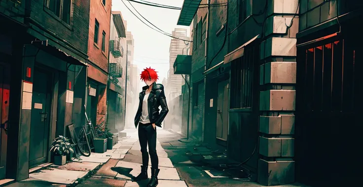 stands tall Height & Build: Short and agile, with a lean, wiry frame that hints at his street-smart background.Hair: Bright red, tousled, and a bit unruly, reflecting his rebellious nature and possibly the harshness of his past.Eyes: Striking green with a ...