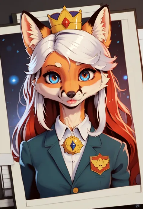 1girl, furry, fox, white hair, red hair dye tips, long hair, skirt, cute clothes, blue and red, one blue eye, one orange eye, wearing a crown, purple essence, detailed eyes, highly detailed face, beautiful detailed lips, extremely detailed eyes and face, l...