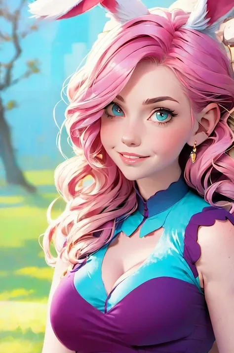 anime style, a closeup of a cartoon of a woman with ears and rabbit tail, with rabbit tail, with rabbit ears, girl design, mara, portrait, giesha, anime image, long hair, pink hair, hair covering ears, happy, polished and powerful look, exotic, tall  