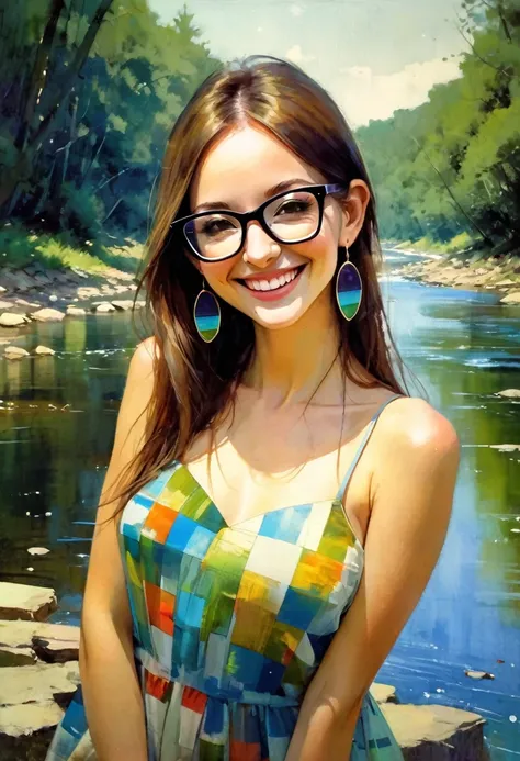 very sexy girl, long straight brown hair, colorful earrings, large square glasses, thin summer dress, small breasts, marked nipples, smiles, adorable, in a natural environment with a river,(simple oil painting in a style to Bill Sienkiewicz)