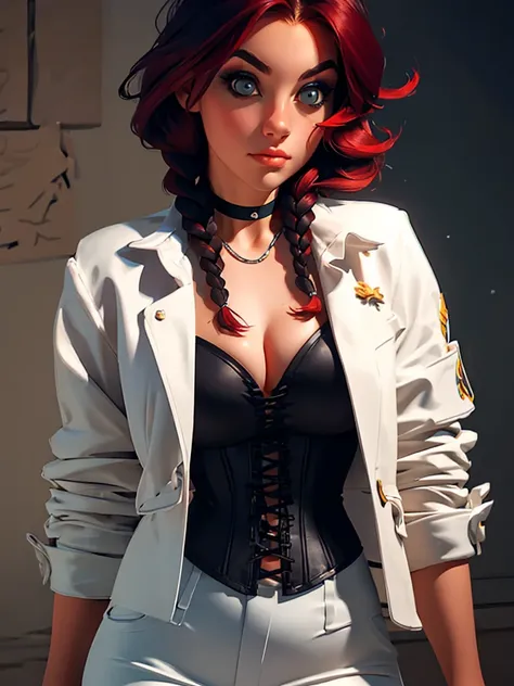 1girl, portrait of beautiful lobapex, athletic, white jacket, corset, skirt, pants, black hair, red hair, braids, makeup, choker, cleavage, wide hips, volumetric lighting, best quality, masterpiece, intricate details, tonemapping, sharp focus, hyper detail...