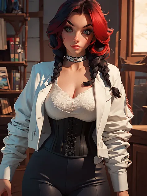 1girl, portrait of beautiful lobapex, athletic, white jacket, corset, skirt, pants, black hair, red hair, braids, makeup, choker, cleavage, wide hips, volumetric lighting, best quality, masterpiece, intricate details, tonemapping, sharp focus, hyper detail...