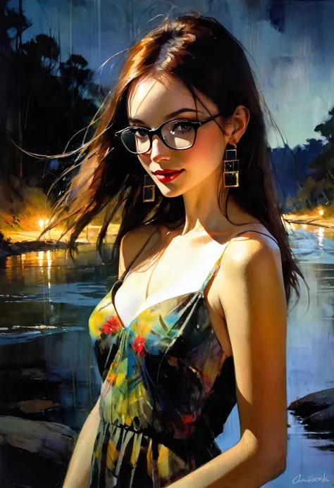 very sexy girl, long straight brown hair, colorful earrings, large square glasses, thin summer dress, small breasts, marked nipples, smiles, adorable, in a natural environment with a river, oil painting, chiaroscuro, sensual, dramatic lighting, moody atmos...