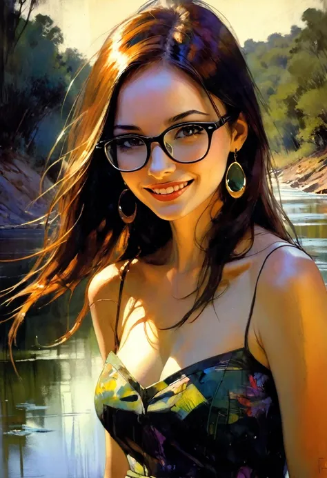 very sexy girl, long straight brown hair, colorful earrings, large square glasses, thin summer dress, small breasts, marked nipples, smiles, adorable, in a natural environment with a river, oil painting, chiaroscuro, sensual, dramatic lighting, moody atmos...