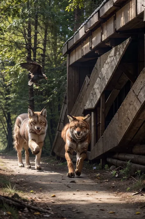 шедевр, Лучшее качество, lynx animal, wolverine animal and fox animal running in forest with a crow bird flying over them