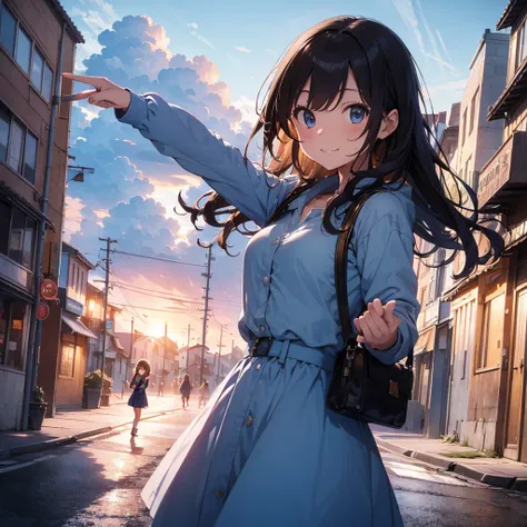 Masterpiece, Best quality,8K, beautiful detailed light, beautiful detailed shading,((beautiful detailed cloud blue sky)), girl standing by a beautiful saturated mildly busy city Road smiling while pointing to the sunset, Dynamic Angle.