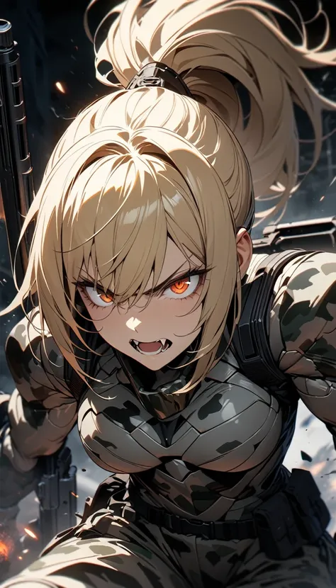 Adult woman, short blonde hair, high ponytail, rec eyes, fangs, muscles, gray camouflage, tight soldier form, shotgun, serious, Masterpiece, best quality, Full HD, 8k, ultra details, great graphic