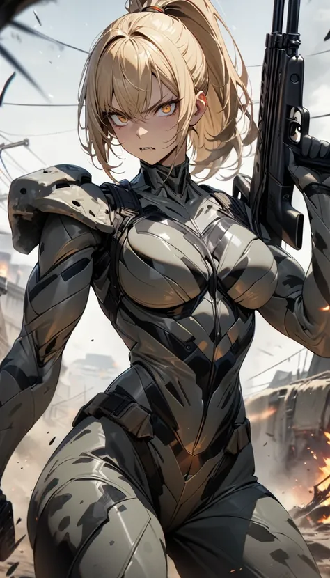 Adult woman, short blonde hair, high ponytail, rec eyes, fangs, muscles, gray camouflage, tight soldier form, shotgun, serious, Masterpiece, best quality, Full HD, 8k, ultra details, great graphic