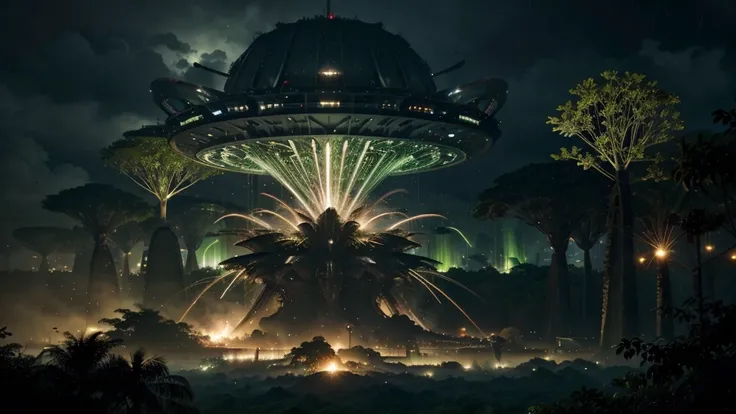 Massive, futuristic alien ships with a metallic, angular design firing energy beams and raining destruction on a lush, verdant rainforest landscape. Fleeing Verdantian inhabitants and buildings/structures being destroyed.