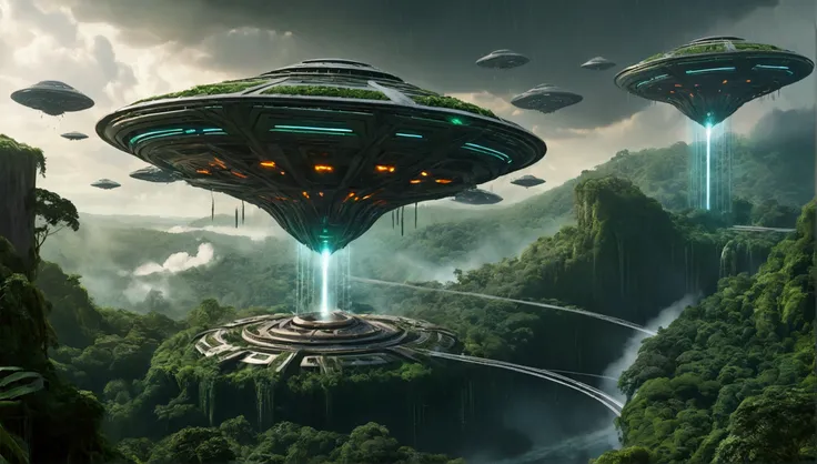 Massive, futuristic alien ships with a metallic, angular design firing energy beams and raining destruction on a lush, verdant rainforest landscape. Fleeing Verdantian inhabitants and buildings/structures being destroyed.