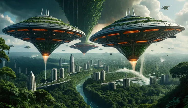 Massive, futuristic alien ships with a metallic, angular design firing energy beams and raining destruction on a lush, verdant rainforest landscape. Fleeing Verdantian inhabitants and buildings/structures being destroyed.