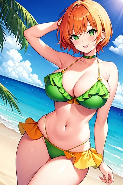 1girl, large breasts, orange hair, short hair, green eyes, green bikini, bikini, hourglass figure, smile, light smile, beach,, choker, bikini skirt, frilled bikini