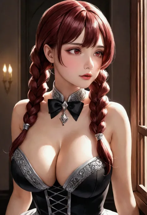 Masterpiece, best quality, 1_woman, (Caucasian skin_complexion) (looking away from the viewer) long double hair braids, dark red hair, diamond shaped eyes, , large_bust, chest window, cleavage double button breast, long dark red silver trim, black tights, ...