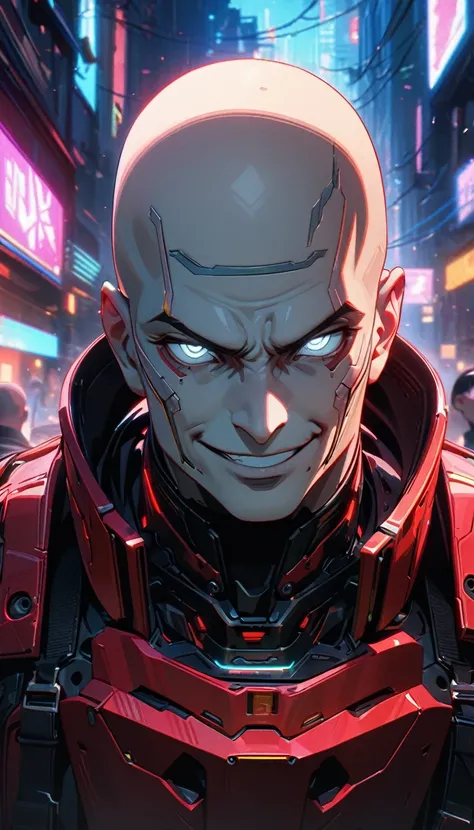 Adult guy, man, bald, pale skin, white eyes, red samurai armor, smirk, cyberpunk, Masterpiece, best quality, Full HD, 8k, ultra details, great graphic