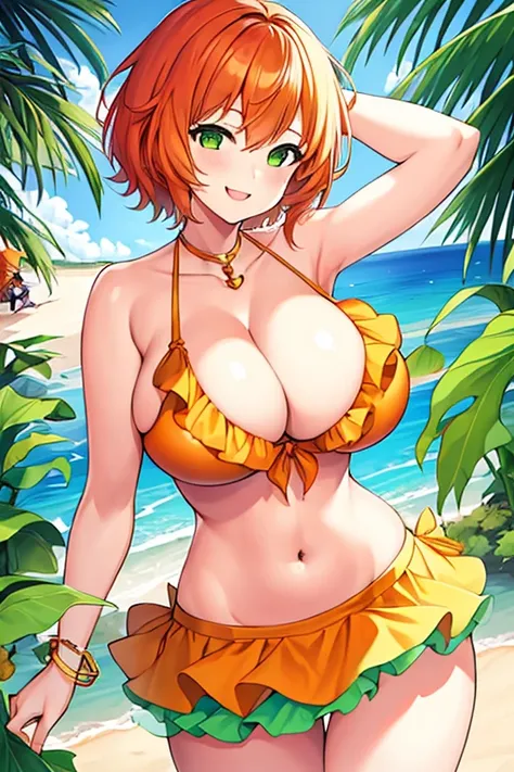 1girl, large breasts, orange hair, short hair, green eyes, green bikini, bikini, hourglass figure, smile, light smile, beach,, bikini skirt, frilled bikini