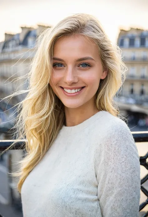 A blonde model, in paris, smiling,lovely eyes 