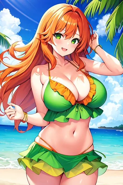 1girl, large breasts, orange hair, medium hair, green eyes, green bikini, bikini, hourglass figure, smile, light smile, beach,, bikini skirt, frilled bikini