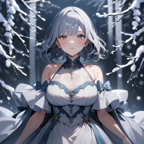 (1Girl, full-body, front side, masterpiece, high quality, highly detailed, 8k,), (Puffy breasts, breasts-type:Puffy, Larger areola, giving a distinct look, (wearing Ruffled velvet dress), (winter theme, winter background). ((SFW, sfw))