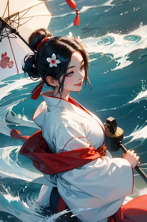 A beautiful woman in a white kimono, smiling fearlessly, as a Japanese onmyoji holds a talisman and manipulates water