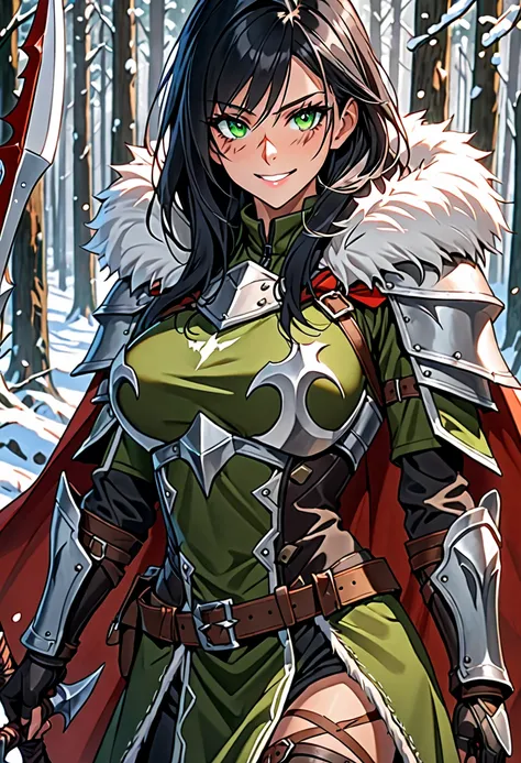 solo female, extremely tall, muscular, winter clothes, fur lined cape, long black hair and green eyes, scar on nose:1.8, halberd, adventurer, armor:0.3, close up, mischievous smile, huge breasts, forest