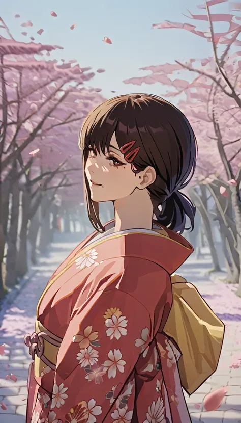 1girl, higashiyama kobeni, wearing kimono, in a cheery blossom park, cherry blossom petals falling in the background, (masterpiece), cinematic, beautiful light, best quality, newest,safe, absurdres, smiling , close eyes, look at camera, tilt head, turn hea...