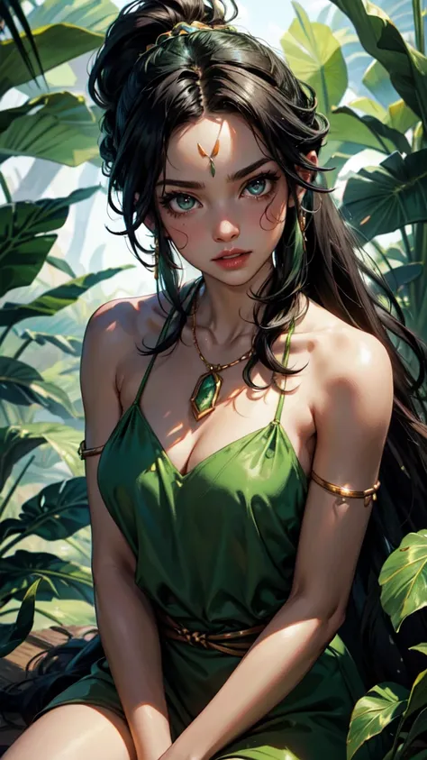 jungle, nidalee, league of legends, absurdres, highres, 1girl, bare shoulders, black hair, facial mark, green gem in forehead, green eyes, jewelry, long hair, necklace, ponytail, solo, tooth necklace, very long hair, hairband, masterpiece, best quality, po...