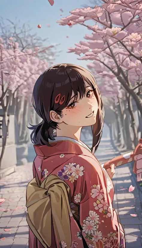 1girl, higashiyama kobeni, wearing kimono, in a cheery blossom park, cherry blossom petals falling in the background, (masterpie...