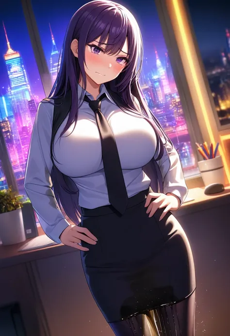 woman, very dark purple hair, purple eyes, long hair, huge breasts, black business suit, necktie, pencil skirt, pantyhose, stand...