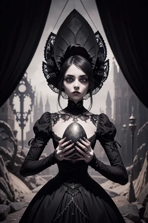 Fabergé eggs, Tim Burton style, dark surreal, intricate design, twisted characters, gothic elements, whimsical details, ornate patterns, macabre atmosphere, exaggerated proportions, hauntingly beautiful, eerie lighting, black and white with hints of vibran...