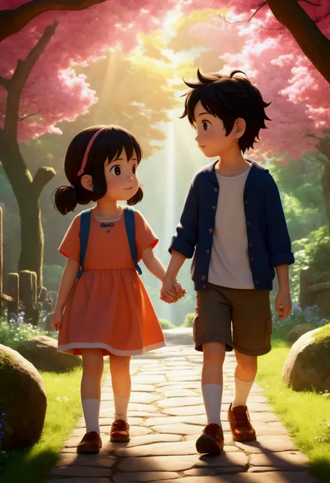 (best quality,4k,8k,highres,masterpiece:1.2),ultra-detailed,(realistic,photorealistic,photo-realistic:1.37),cute chibi couple, two young anime-style characters, boy and girl holding hands, in a vibrant, colorful, highly detailed environment, adorable expre...