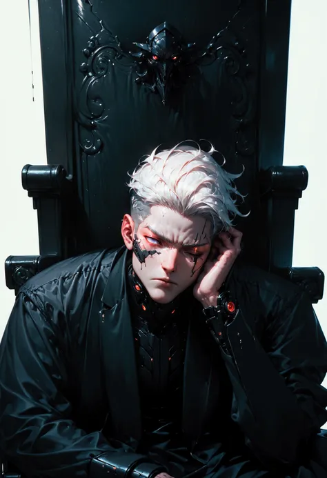 (score_9, score_8_up, score_7_up), zPDXL, 1 man, alone, facing forward, iron chair, black throne, black suit, black stripe on face, one eye closed, arms on sides, white hair, disheveled, cyberpunk, serious and thoughtful face, intimidating, simple backgrou...