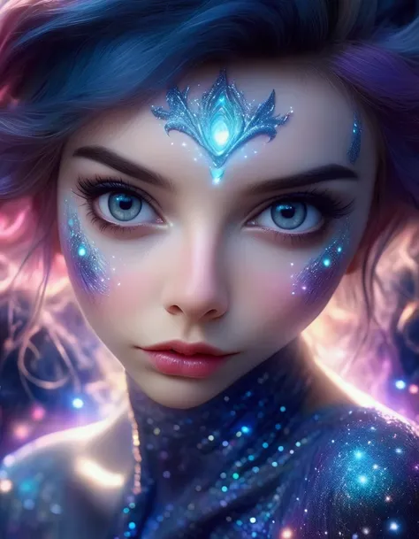 a lovely woman, 25 years old, wearing a sheer airy gown, dragon-inspired makeup, big eyes, colorful hair, dancing on a cosmic field of stars, trails of stardust and sparkles, (best quality,4k,8k,highres,masterpiece:1.2),ultra-detailed,(realistic,photoreali...