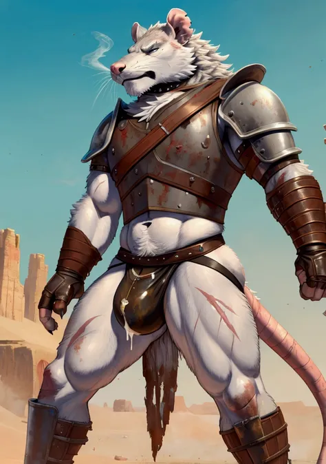 Solo Sexy anthro furry rat male mercenary medieval solider, slim endomorph muscular handsone model male apperance, sword scars, worn out rusty skimpy armament, low on hips heavy leather belt, old very worn out skimpy dirty white linen white material jockst...