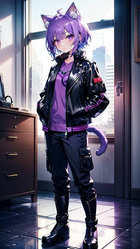 Young girl, cat ears, dark purple hair, bright purple eyes, "broken glass" pupils, leather jackets, cargo pants, heavy boots, hands in pockets, short hair, long purple cat tail, single girl with cat tail and ears