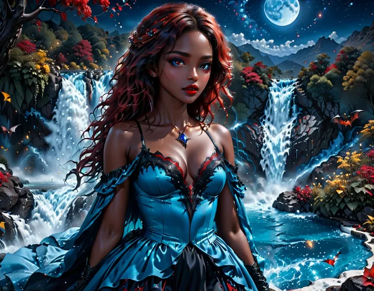 a picture of an exquisite beautiful African female vampire standing under the starry night sky at the base of the waterfall, dynamic angle (ultra detailed, Masterpiece, best quality), ultra feminine, (black skin: 1.3),  dynamic hair color, wavy hair, dynam...