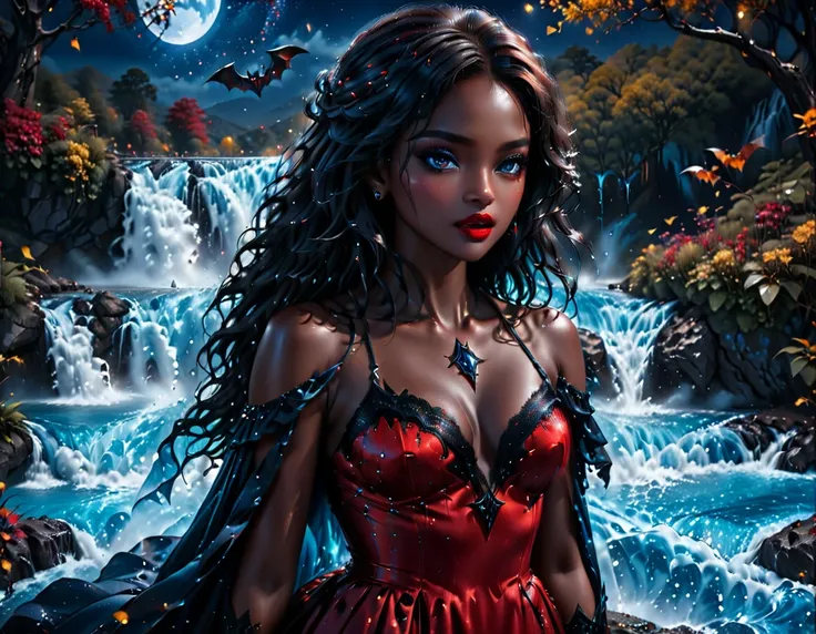 a picture of an exquisite beautiful African female vampire standing under the starry night sky at the base of the waterfall, dynamic angle (ultra detailed, Masterpiece, best quality), ultra feminine, (black skin: 1.3),  dynamic hair color, wavy hair, dynam...