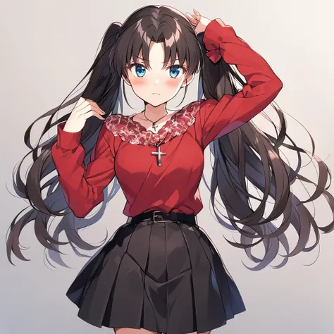 fate stay night, Tohsaka Rin(black twin-tails hair, long sleeves red blouse, black skirt, light blue eyes, cross necklace), blush,