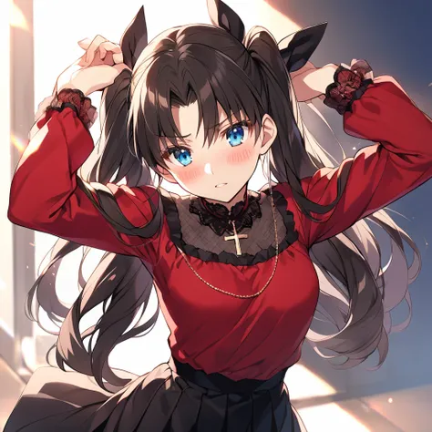 fate stay night, Tohsaka Rin(black twin-tails hair, long sleeves red blouse, black skirt, light blue eyes, cross necklace), blush,