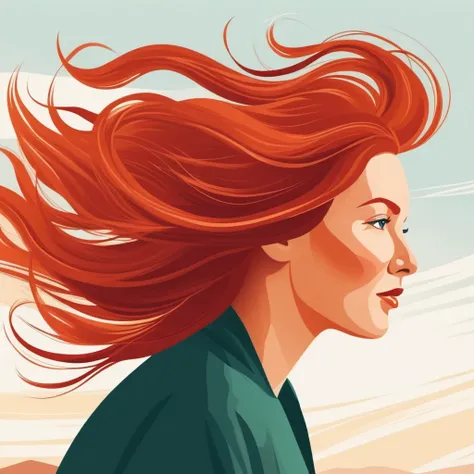 A flat style illustration a red-haired woman with hair blowing in the wind, a woman. by Clémence Guillemaud