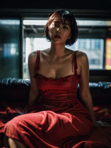 (full-length shot:1.5), (Best quality:1.5), 23y, 1girl, indonesian, (big breast), (red maxi dress), (cute face:1.4), wavy short hair blowing in the wind, (bangs:1.2), trapped in the hustle and bustle of the city, motion blur effect, dramatic moment, kodacr...