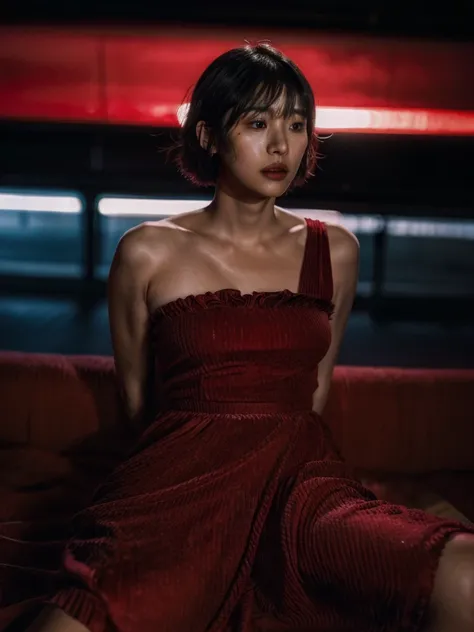 (full-length shot:1.5), (Best quality:1.5), 23y, 1girl, indonesian, (big breast), (red maxi dress), (cute face:1.4), wavy short hair blowing in the wind, (bangs:1.2), trapped in the hustle and bustle of the city, motion blur effect, dramatic moment, kodacr...