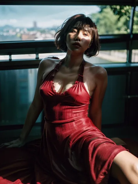 (full-length shot:1.5), (Best quality:1.5), 23y, 1girl, indonesian, (big breast), (red maxi dress), (cute face:1.4), wavy short hair blowing in the wind, (bangs:1.2), trapped in the hustle and bustle of the city, motion blur effect, dramatic moment, kodacr...