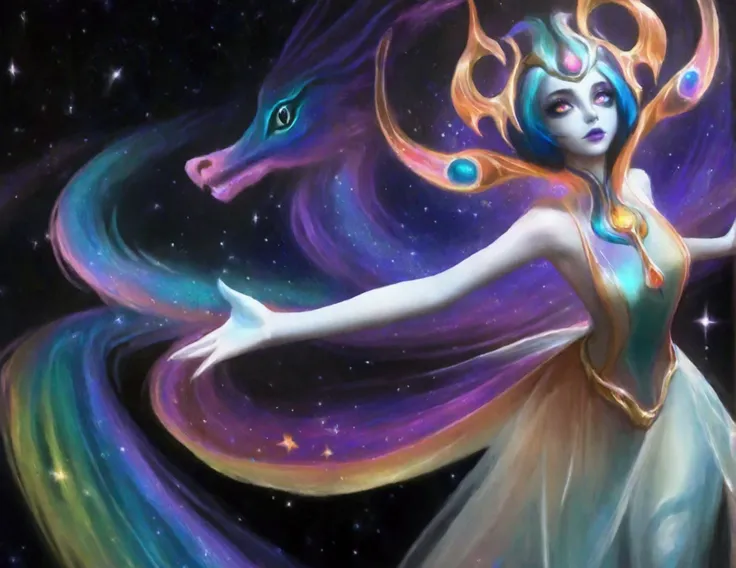 A lovely woman (age 25, sheer airy gown, dragon makeup, big eyes, colorful hair, dancing on a cosmic field of stars, trails of stardust and sparkles
