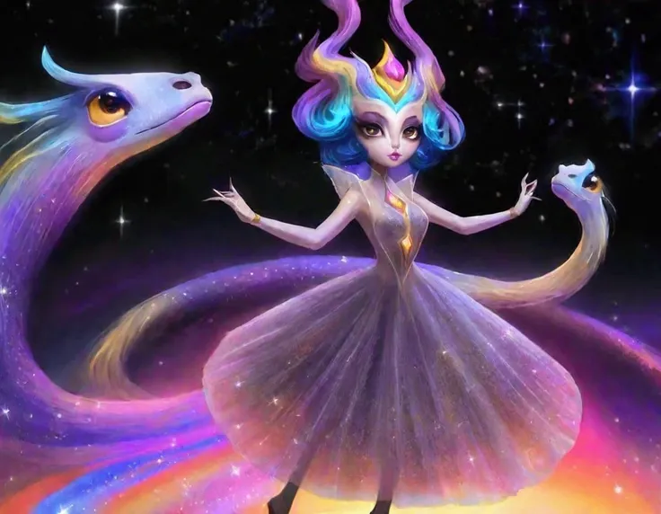 A lovely woman (age 25, sheer airy gown, dragon makeup, big eyes, colorful hair, dancing on a cosmic field of stars, trails of stardust and sparkles
