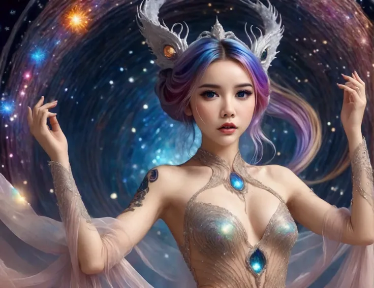 A lovely woman (age 25, sheer airy gown, dragon makeup, big eyes, colorful hair, dancing on a cosmic field of stars, trails of stardust and sparkles
