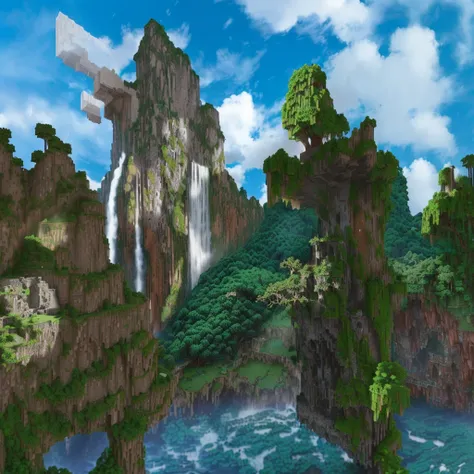 there is a waterfall in the middle of a mountain with a waterfall coming out of it, with trees and waterfalls, ancient ruins and waterfalls, made of tree and fantasy valley, with waterfalls and river, minecraft landscape, rainforest mountains, immense wate...